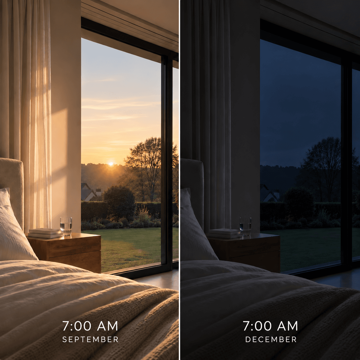 A bedroom window view at 7:00 AM in September, with the sun visible above the horizon, compared to the same window and time in December, still dark with only a faint pre-dawn glow.