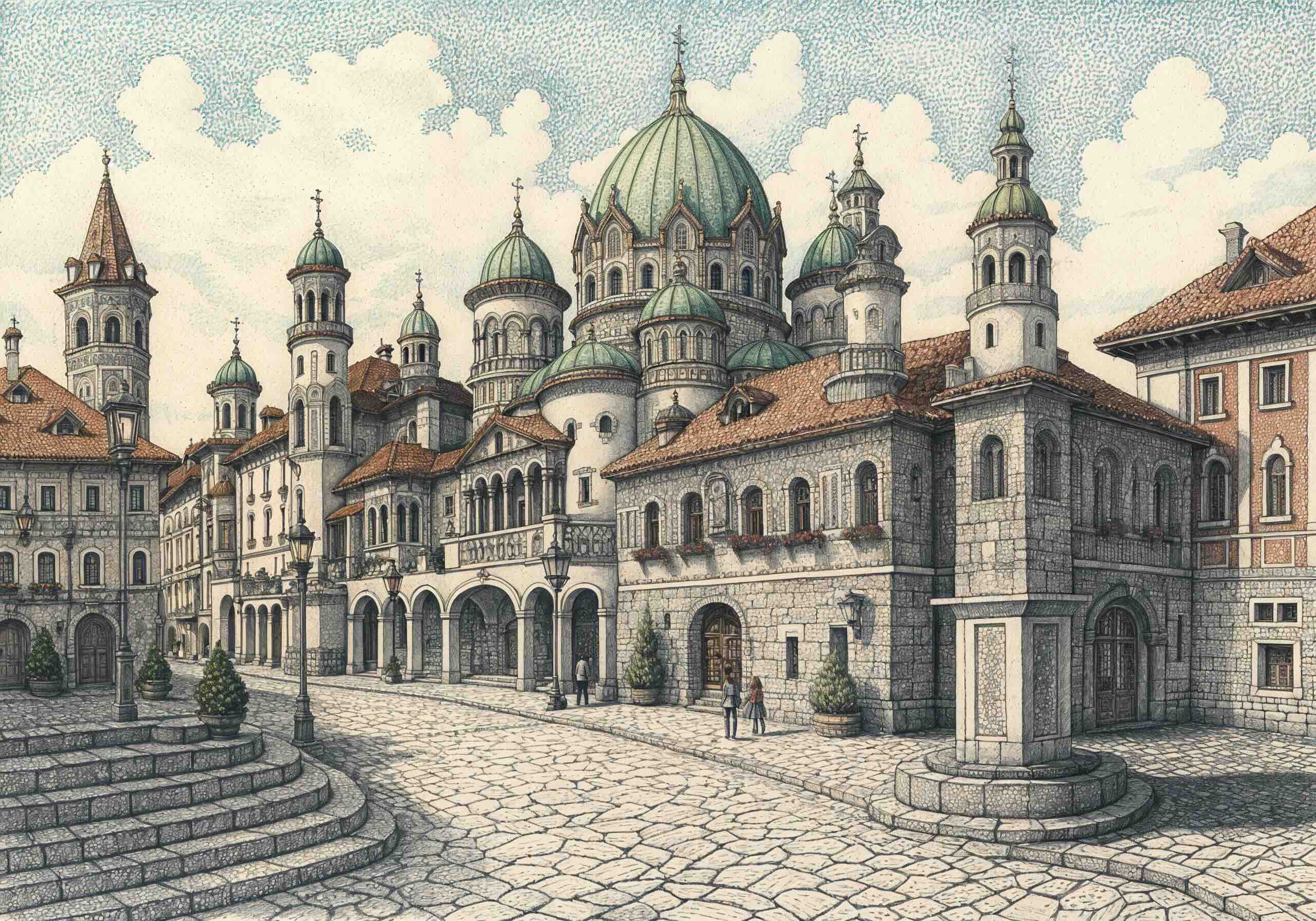 Detailed illustration of a historic square in Bulgaria, featuring stone buildings with arched walkways, domed towers, and red-tiled roofs, set against a cobblestone plaza with lampposts and greenery.