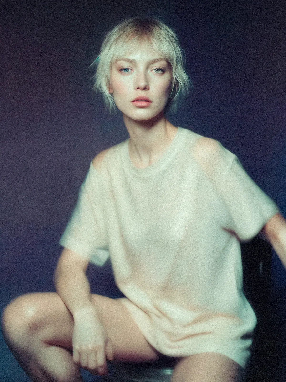 Seated portrait with short blonde hair wearing a white T-shirt against a violet background.
