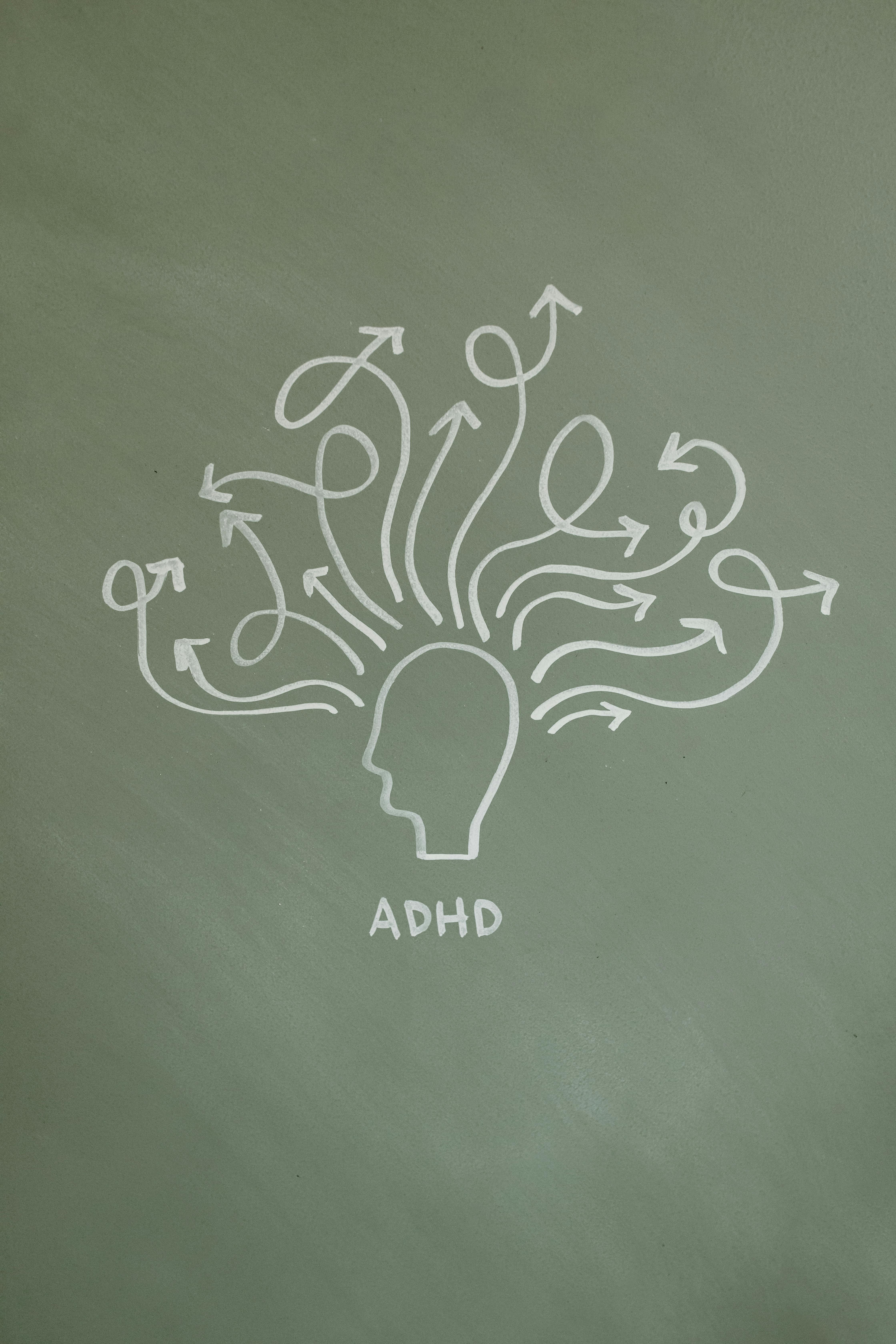 ADHD concept illustration with head silhouette and chaotic arrows on chalkboard background.