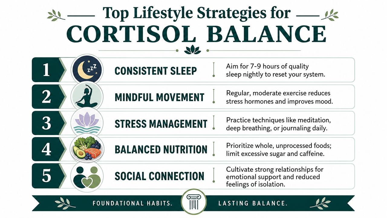 A helpful infographic listing five top lifestyle strategies for balancing cortisol levels naturally.