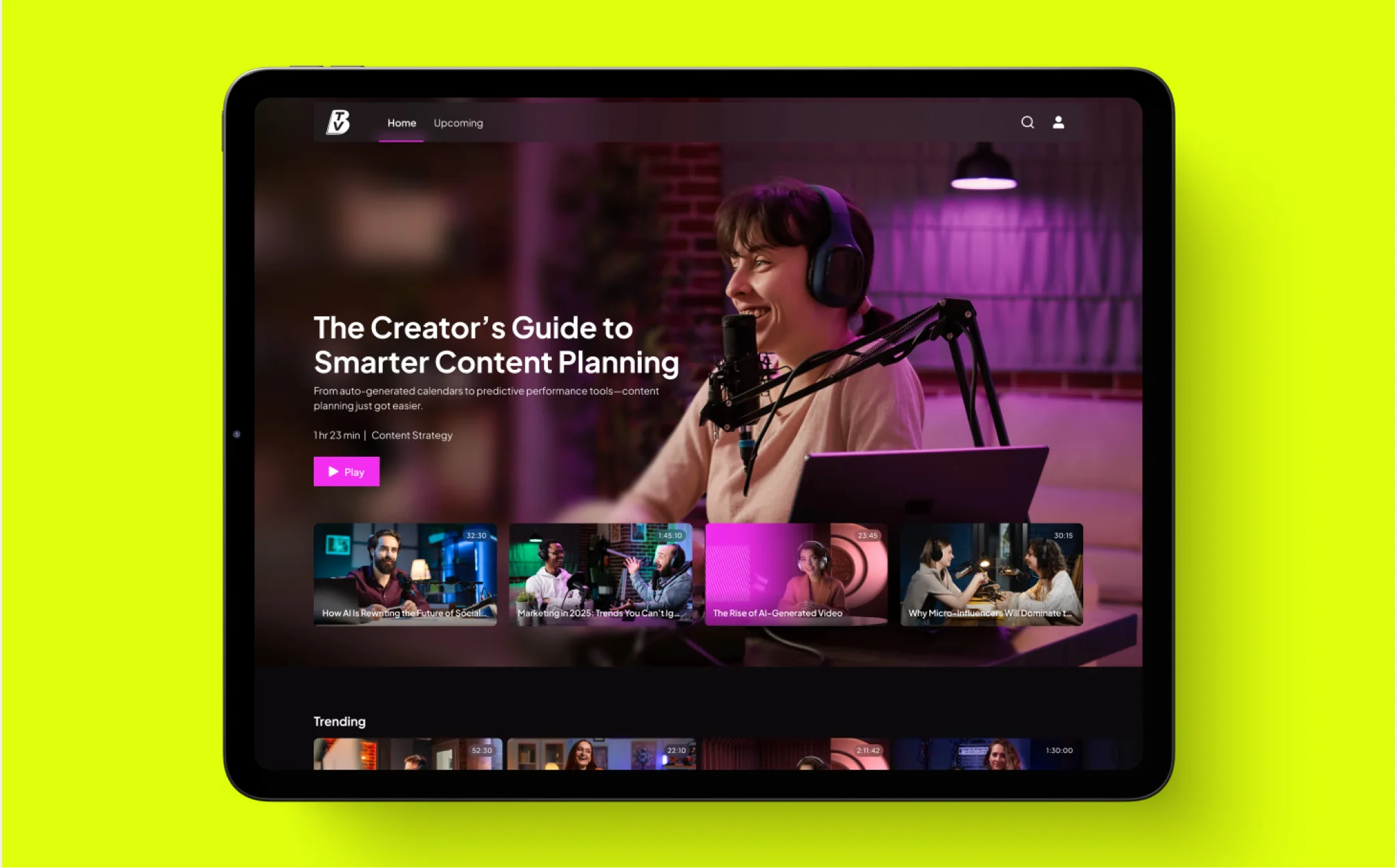 BrandTV Sites UI showing a video streaming interface with a featured episode and thumbnail grid below