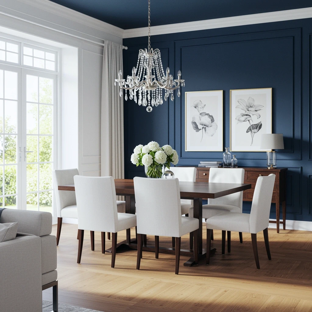 Modern dining room featuring a navy accent wall, white trim, and elegant table setting