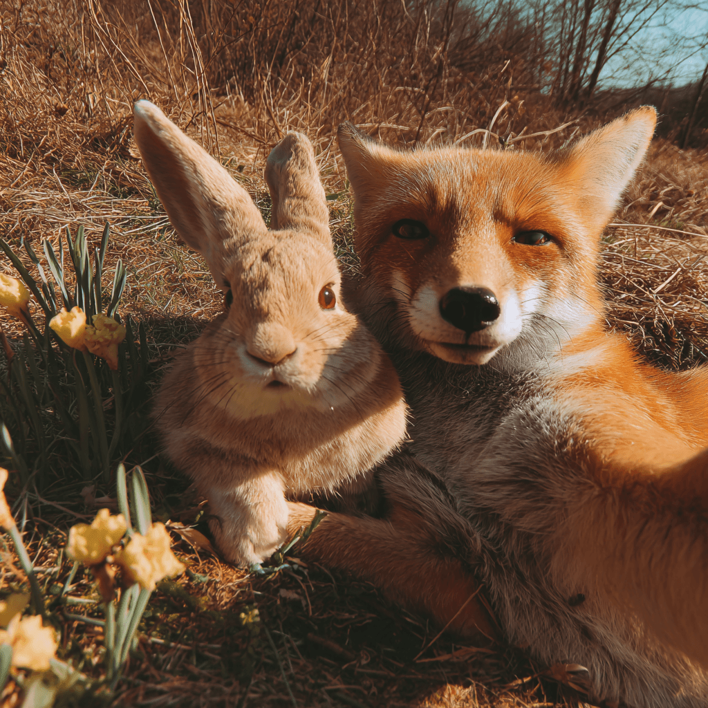 Fox with bunny selfie portrait