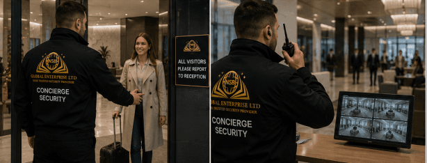 Concierge security officer welcoming visitors and managing secure access within a residential or corporate reception area.