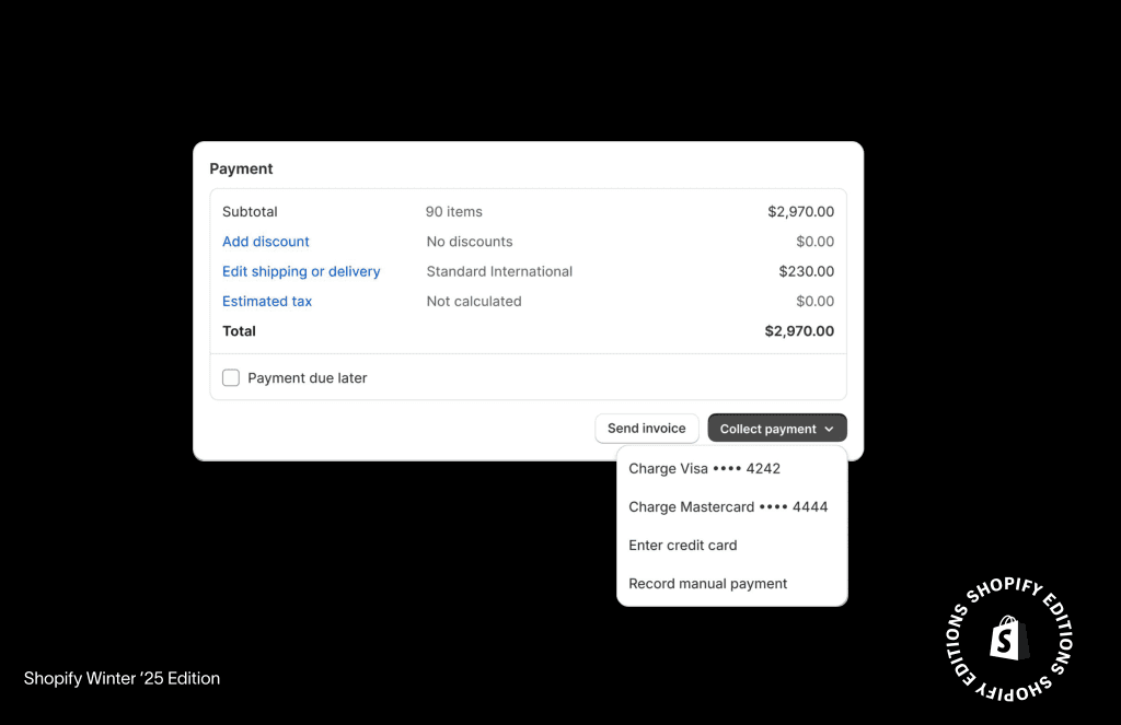 Zahlungsbereich eines Shopify-Bestellentwurfs mit der Option, eine gespeicherte Visa oder Mastercard zu belasten