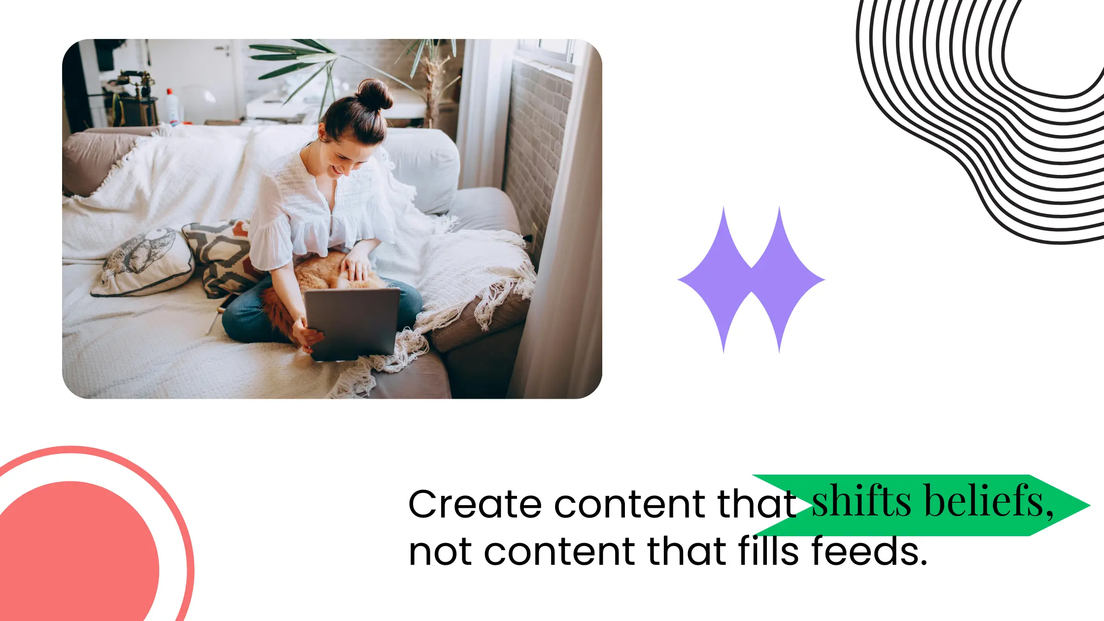 Coach working on a laptop while seated on a bed, paired with text about creating content that changes beliefs, not just fills feeds.