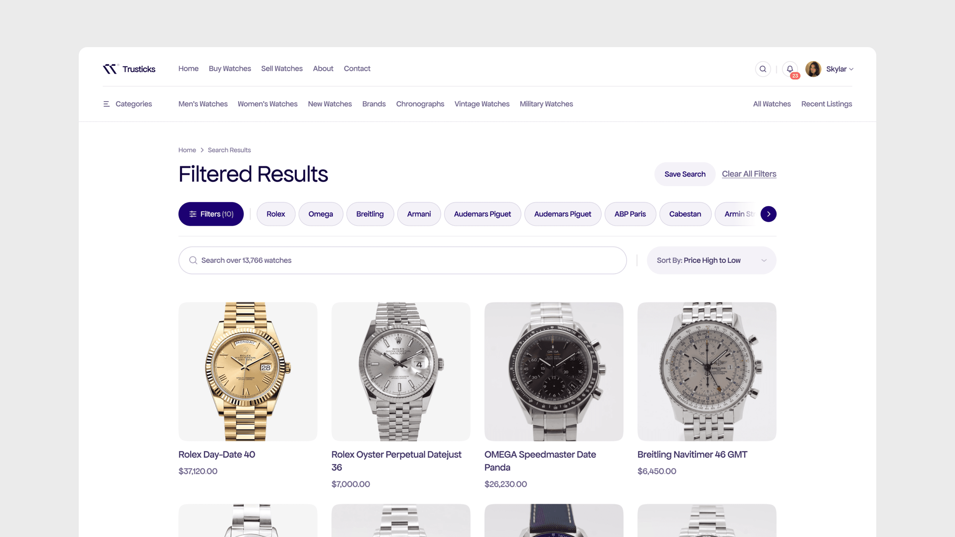 trusticks search and filters web design