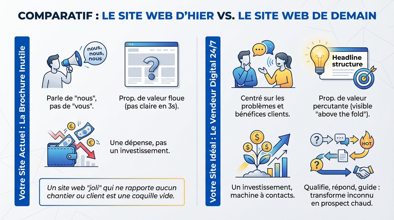 Comparatif visuel entre un site web passif type brochure et un site web actif optimisé pour la conversion