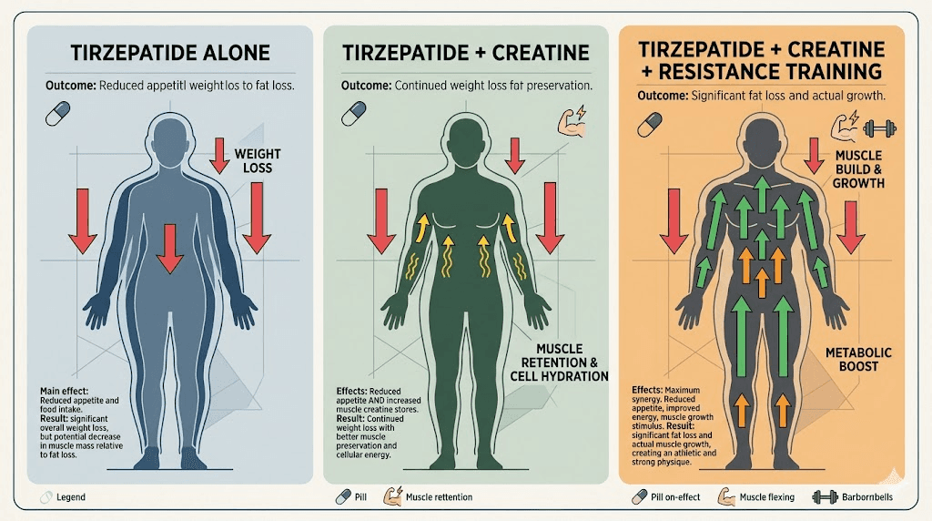 Body composition outcomes comparing tirzepatide alone versus with creatine and resistance training