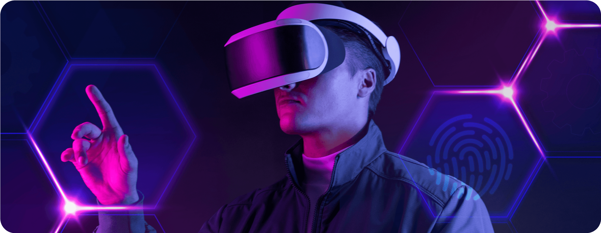 Man using virtual reality headset with digital hexagon interface, symbolizing AI-driven SEO technology, innovation, and the future of search in 2025.