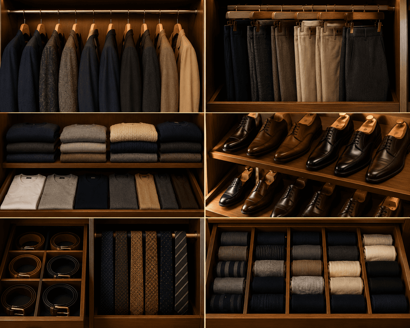 A six-panel grid featuring an impeccably organized luxury men's walk-in closet made of rich dark wood. Top-left shows tailored suits and blazers neatly hung in a gradient from navy to tan. Top-right shows tailored trousers folded over wooden hangers. Middle-left features stacks of folded knit sweaters and crewneck shirts. Middle-right displays dark brown and black leather dress shoes with wooden shoe trees on angled shelves. Bottom-left shows custom drawer compartments storing leather belts and silk ties. Bottom-right displays a drawer organizer with rolled dress socks in neutral tones.