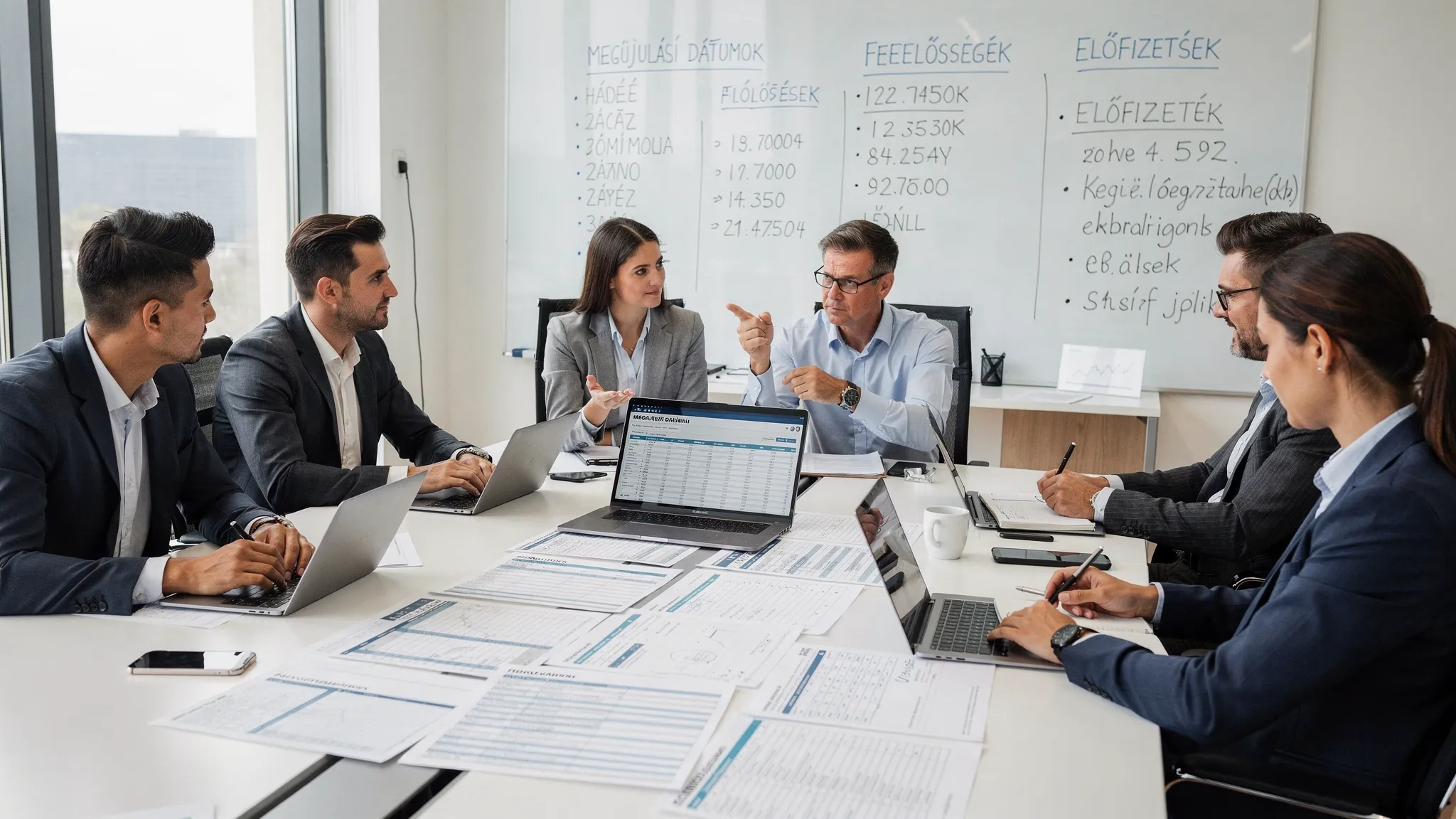 Egy pénzügyi és IT csapat közösen ül egy tárgyalóban, előfizetési és szerződéslistákat néznek, a táblán megújulási dátumok és felelősségek vannak felírva.