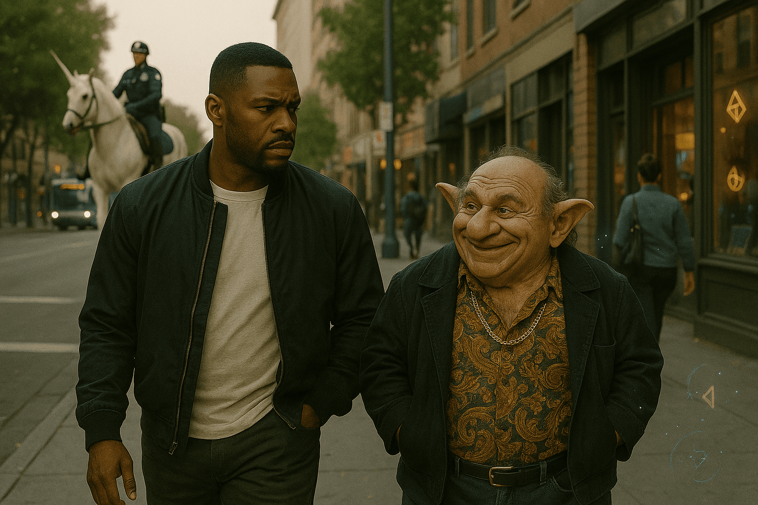 This image captures normalcy after the impossible.  Champ and Rumples move forward without spectacle, treating the absurd as settled rather than interuption.