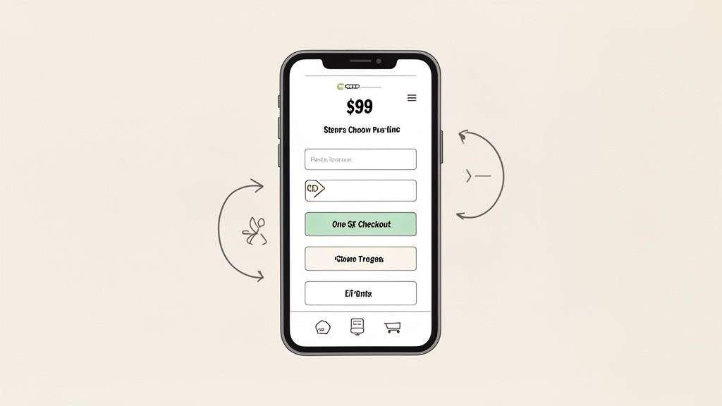 A smartphone displays a mobile checkout screen with a price, input fields, and a 'One ST Checkout' button.