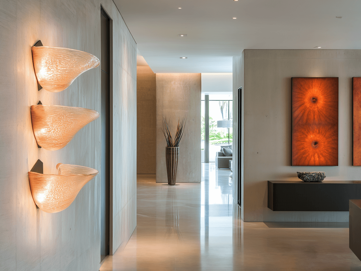 Contemporary corridor with three cone-shaped wall sconces creating warm ambient lighting on light blue walls with minimalist design