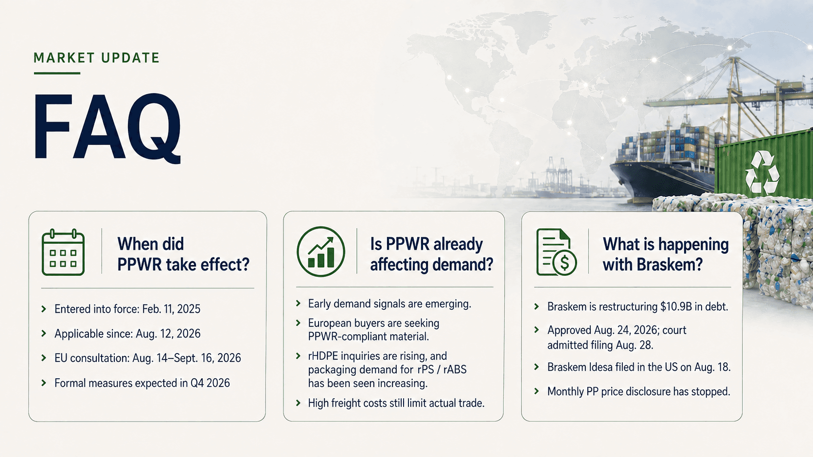 FAQ on PPWR applicability, recycled plastic demand and Braskem debt restructuring