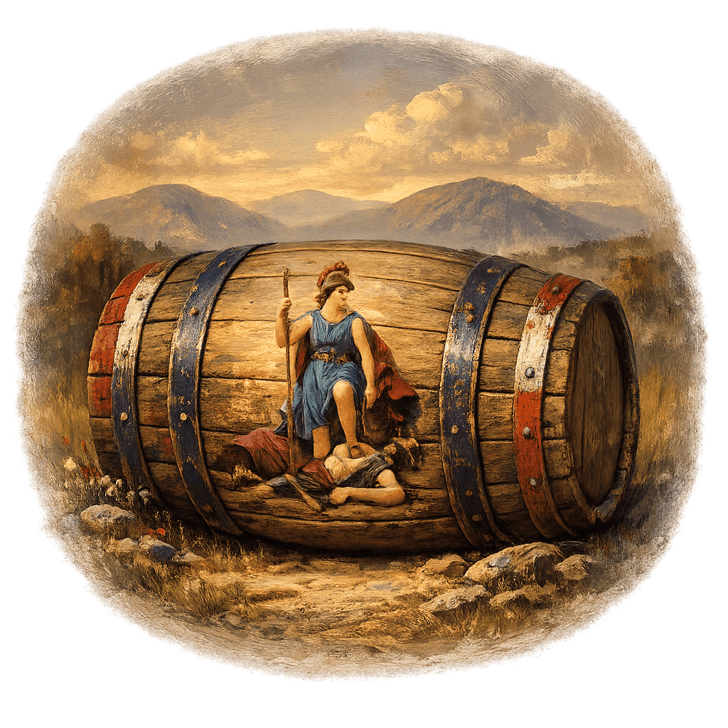 Wine barrel featuring the Virginia national emblem for regional wine education.