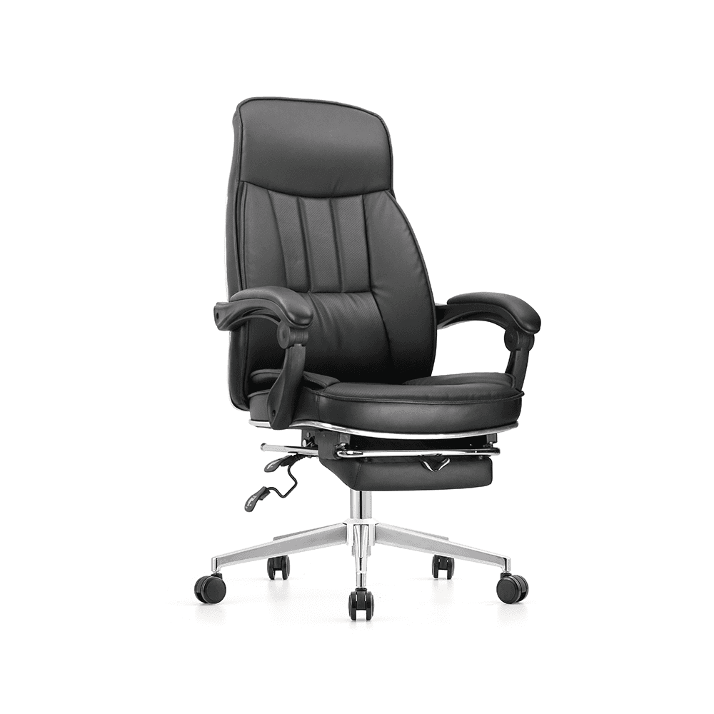 Ergonomic black leather reclining office chair with leg rest and chrome base for home office or executive desk.