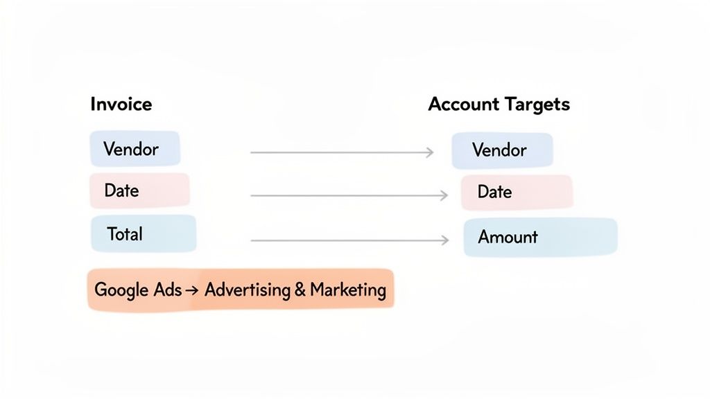 Diagram mapping invoice fields (Vendor, Date, Total) to account targets (Vendor, Date, Amount), with Google Ads to Advertising & Marketing.