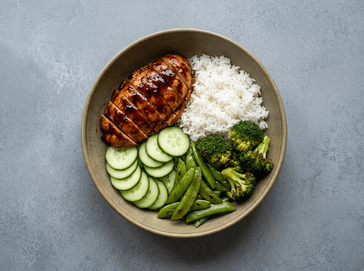Overhead chicken teriyaki grain bowl with rice, cucumber, and vegetables