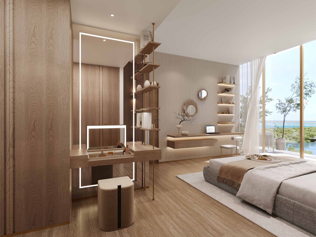 Modern bedroom with warm wooden walls and a comfortable bed, part of the Wynwood Horizon aesthetic.