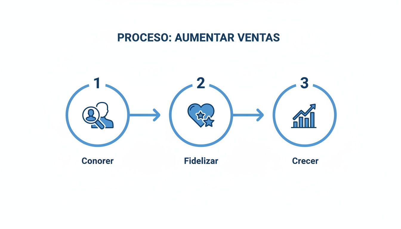 Diagrama de tres pasos para aumentar las ventas: conocer clientes, fidelizar y crecer el negocio.