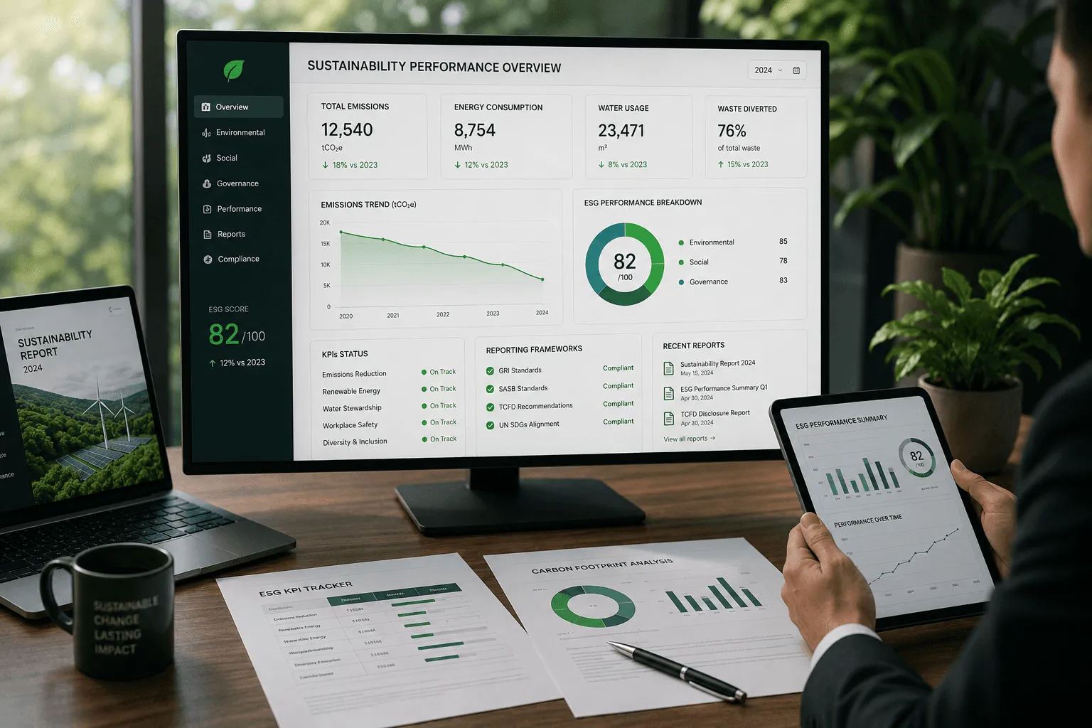 ESG KPI tracking and sustainability reporting dashboard.