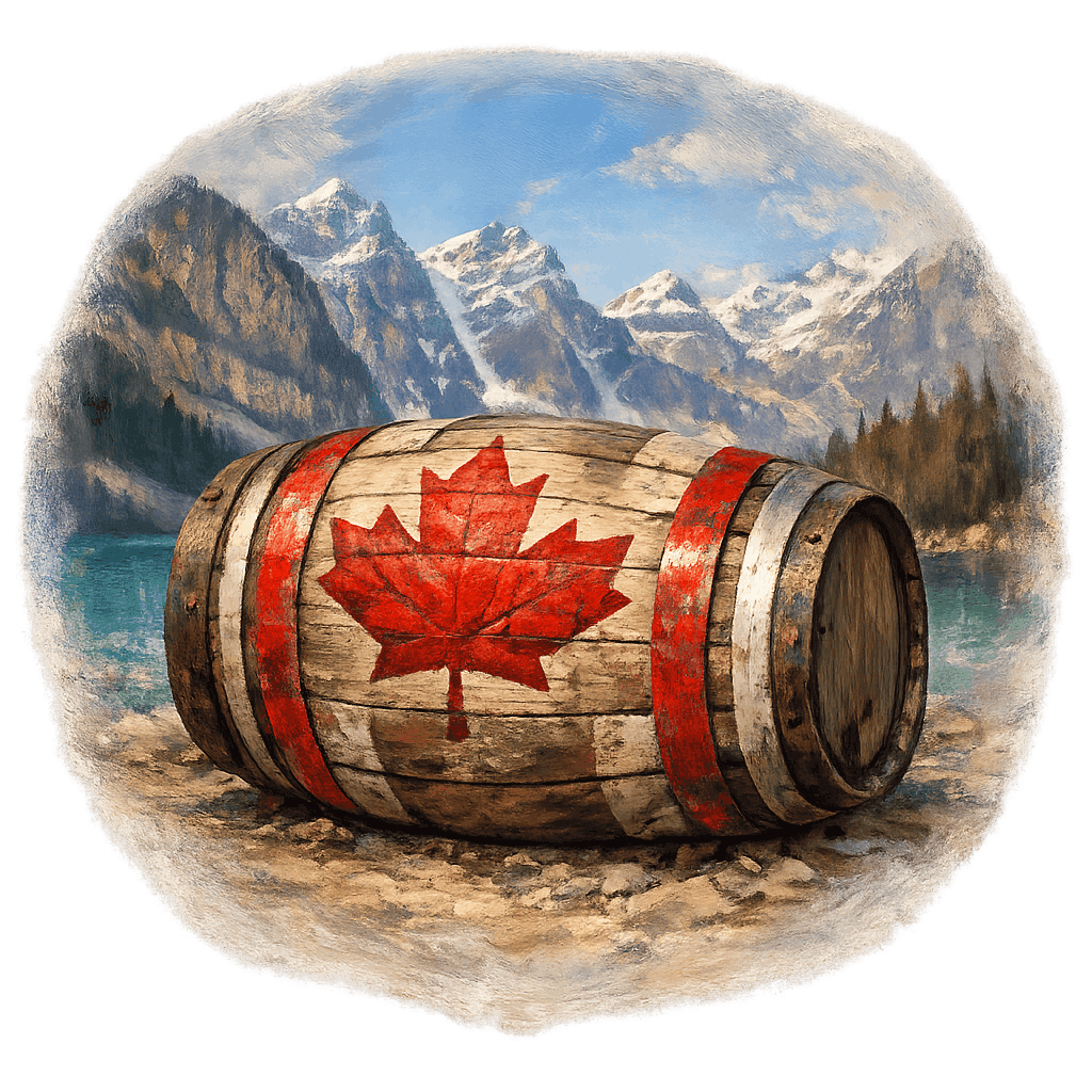 Wine barrel featuring the Canada national emblem for regional wine education.