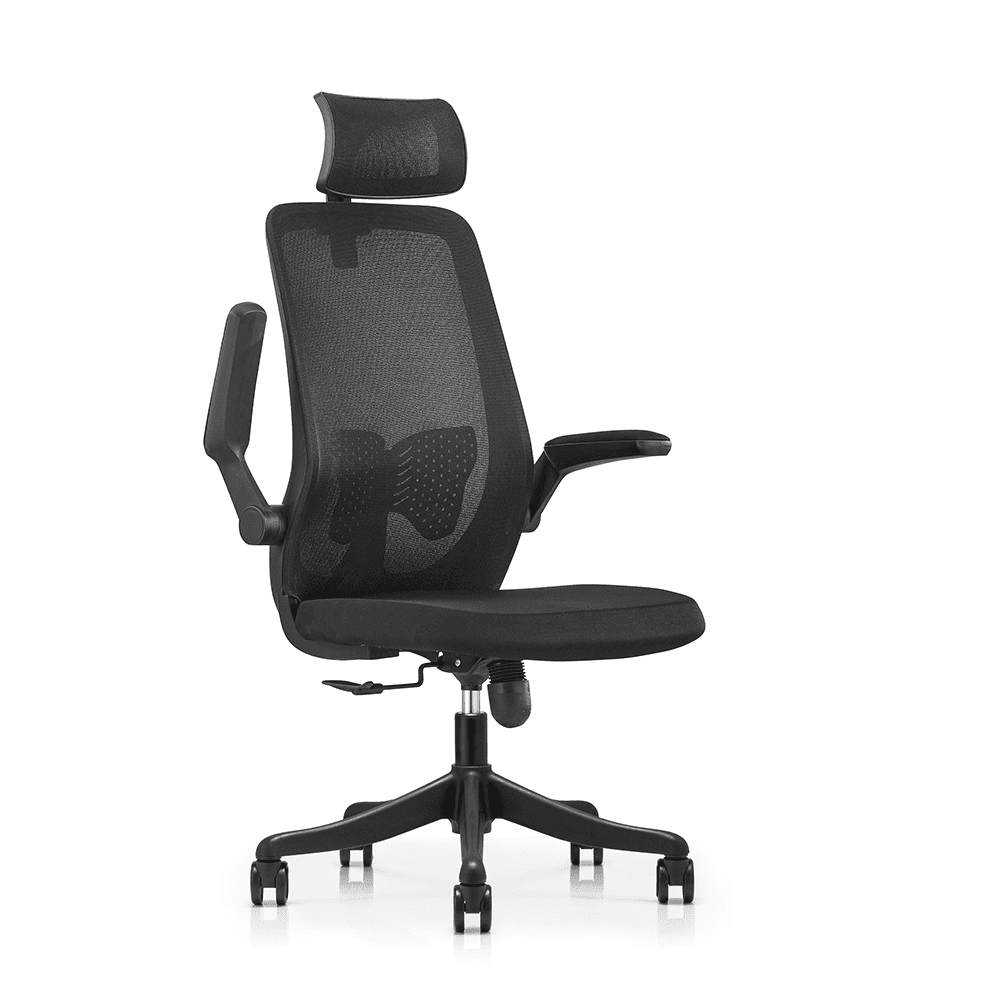 Three-quarter front view of a black ergonomic chair with one armrest folded upward to demonstrate the space-saving flip-up feature.