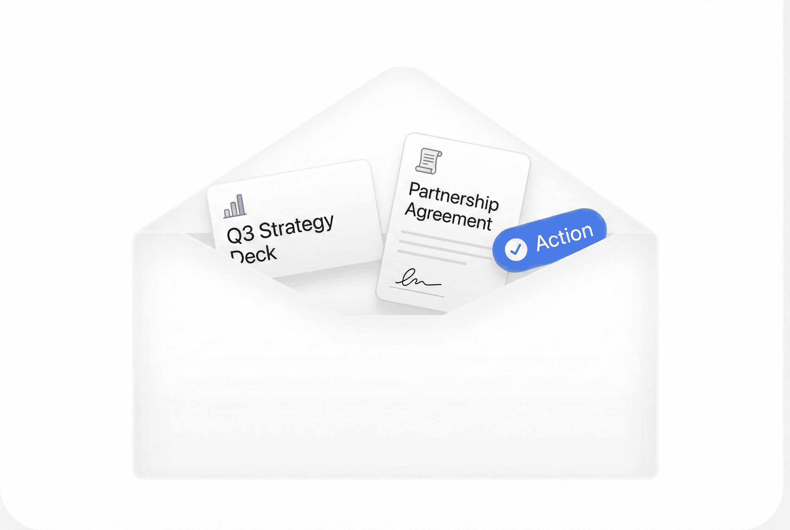 Envelope containing recommendations like “Fix churn spike” and “Action,” symbolizing actionable insights.