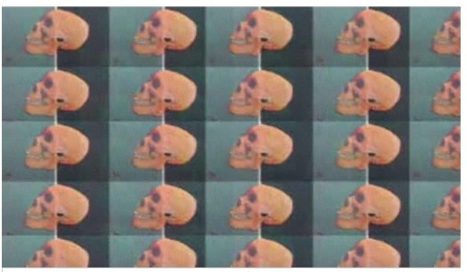 A pattern design of an orange skull on a light and dark turquoise color background.