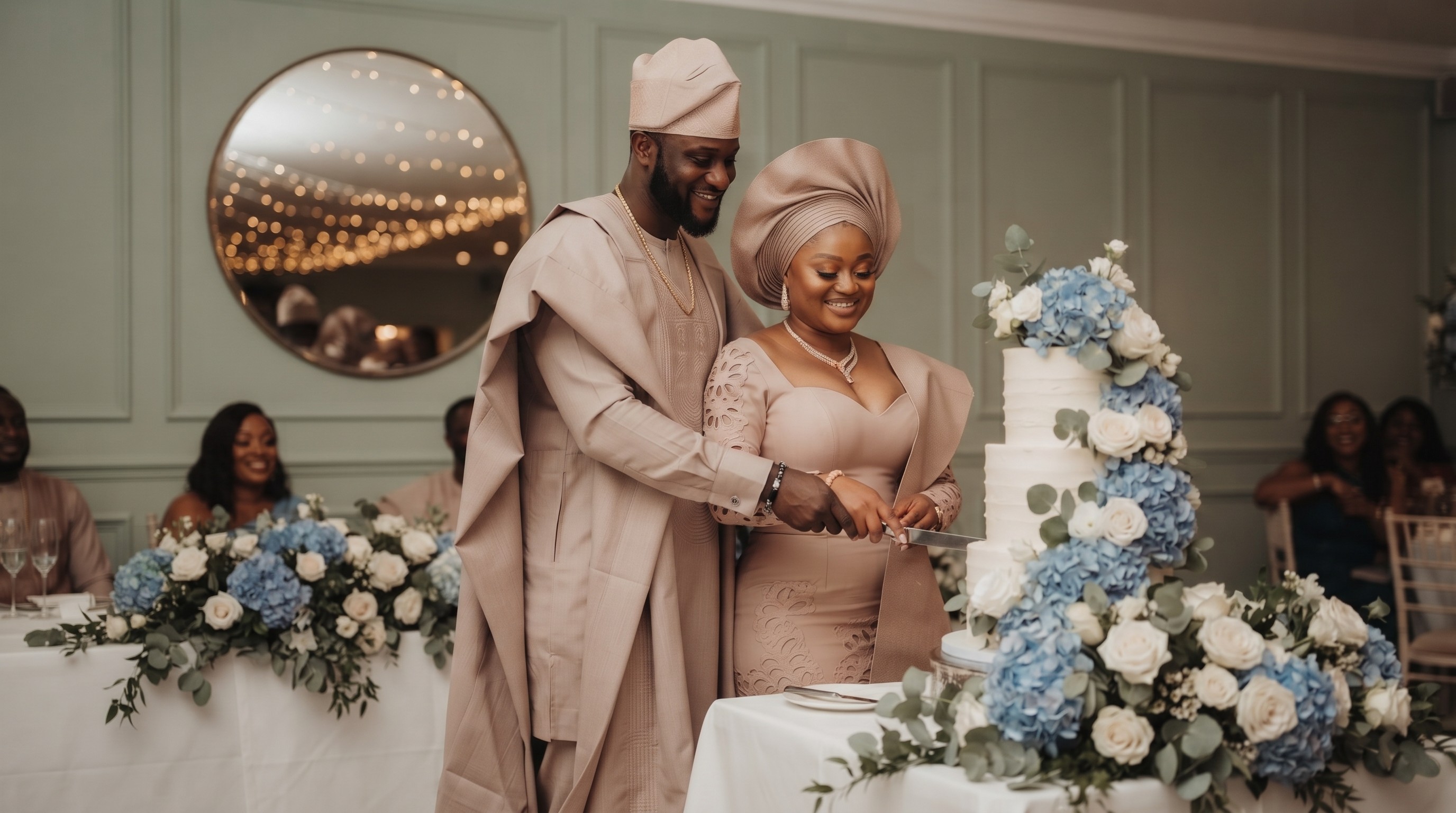 Bride and groom cutting cake in Yoruba attire