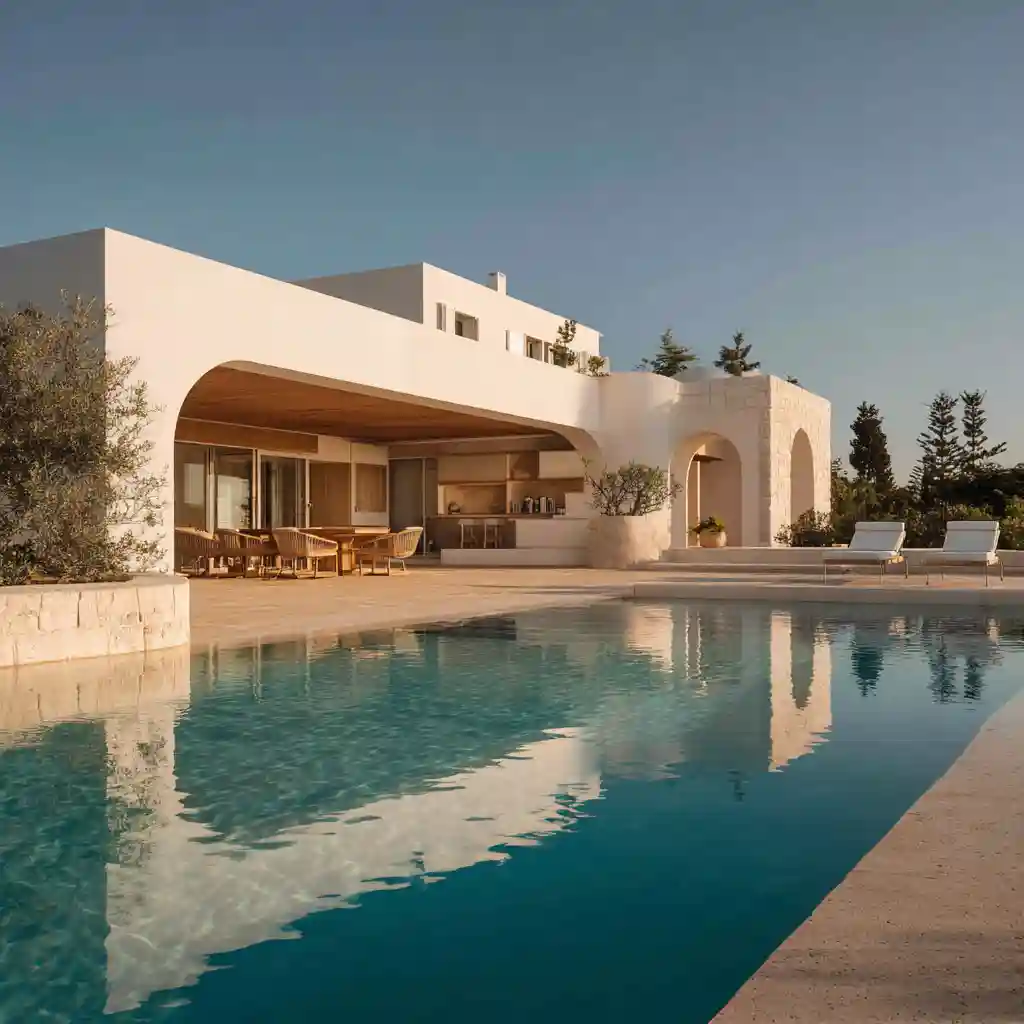 A luxurious two-story white villa with smooth, rounded architectural lines and wide arched openings. A large outdoor patio with seating is shaded by the building's overhang. In the foreground, a calm swimming pool reflects the warm tones of the architecture and the soft daylight, surrounded by minimalist landscaping and olive trees.