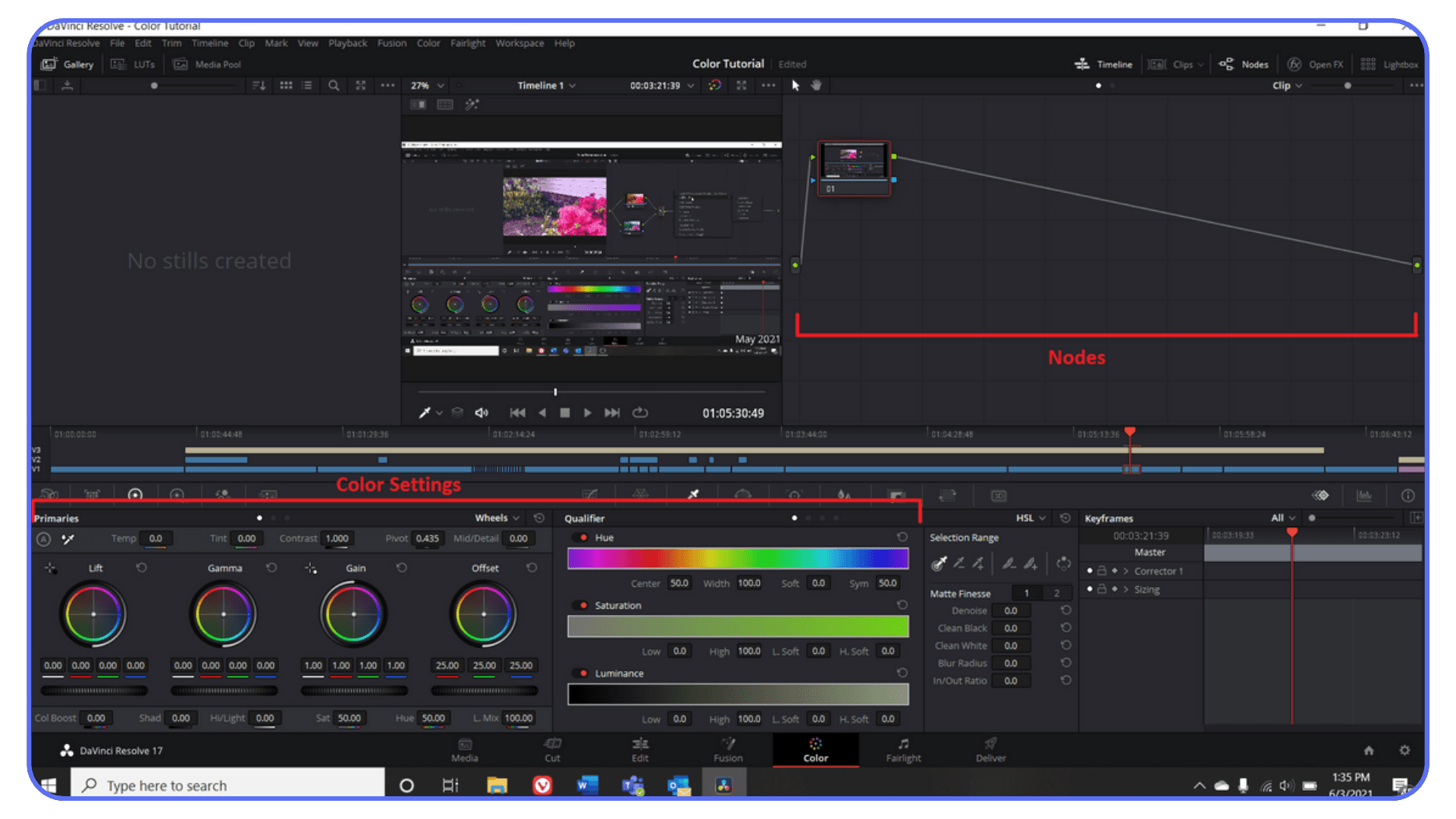 DaVinci Resolve color grading workspace with nodes, color wheels, and hue–saturation–luminance controls visible.
