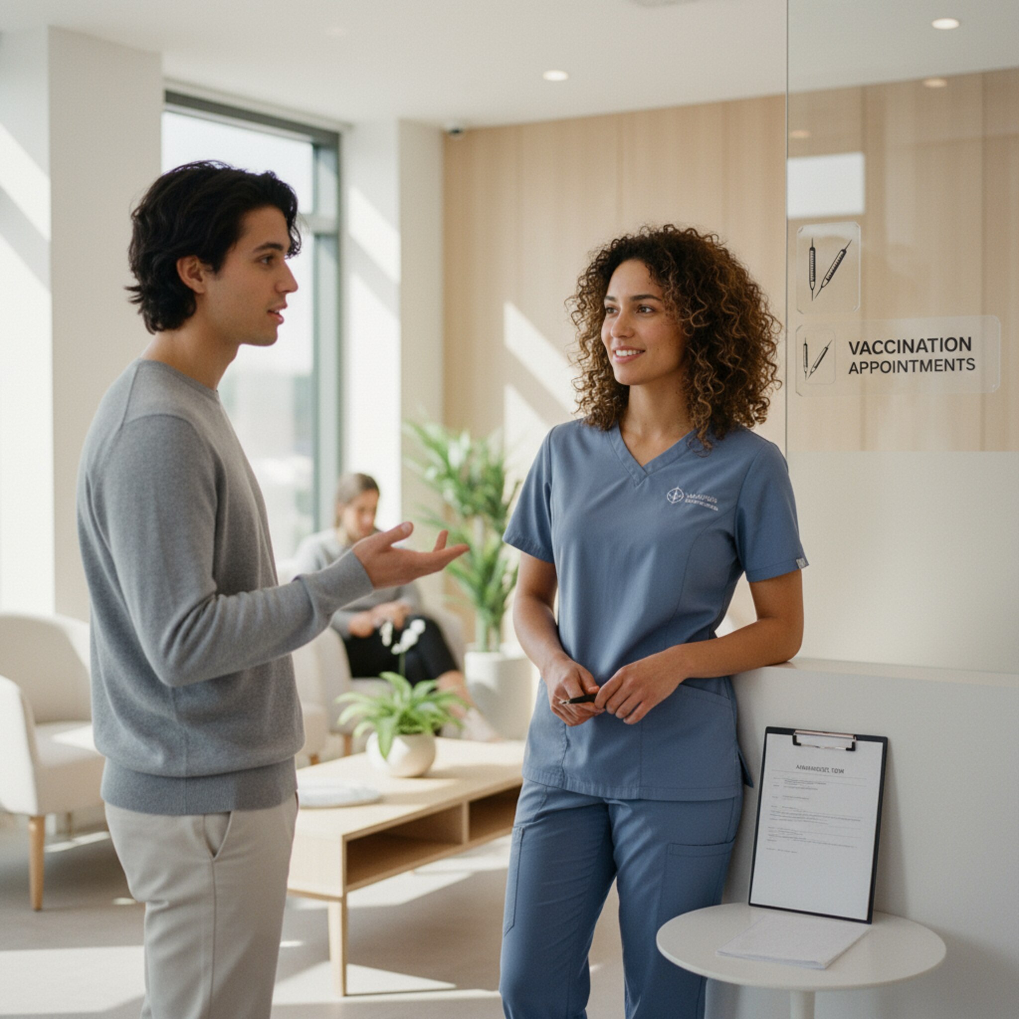 In einem modernen Wartebereich spricht eine medizinische Fachangestellte kurz mit einer jungen Person, die den Impfstatus nennt. Ein Klemmbrett mit Anamnesebogen liegt bereit, ohne im Mittelpunkt zu stehen. Tageslicht fällt auf klare Beschilderung. Die Situation wirkt vorbereitet, freundlich und zügig.