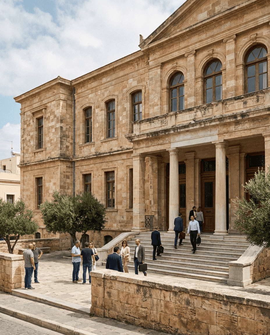 Exterior view of the Heraklion courthouse with people outside.