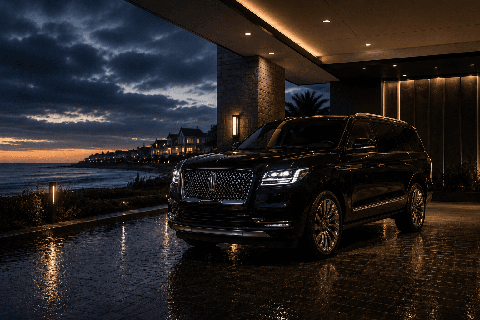 Black luxury SUV parked near the shore at dusk