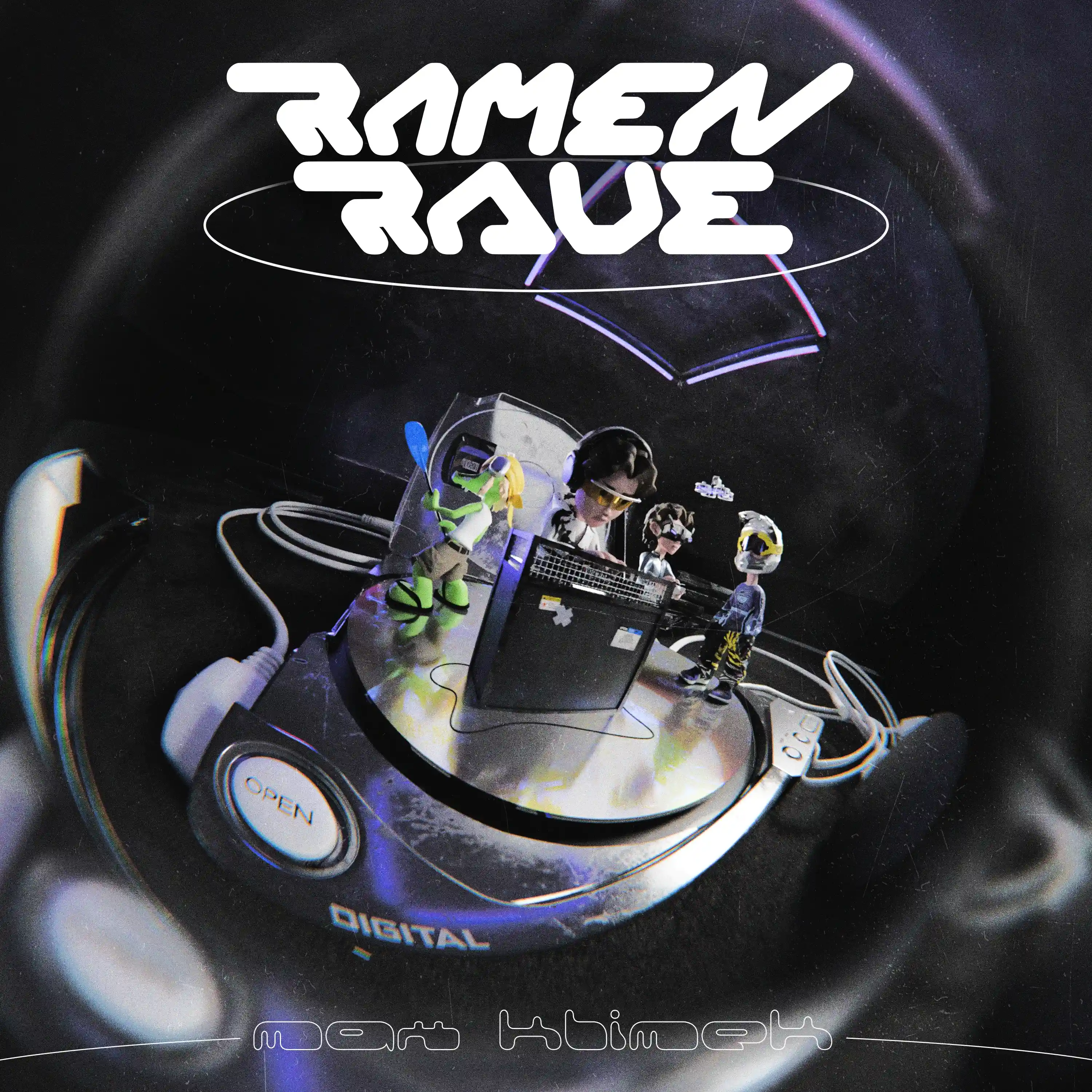 "Ramen Rave" cover art by Max Klimek — 3D figures gathered around a DJ booth inside a stylized chrome ramen cup, with futuristic chrome lettering.