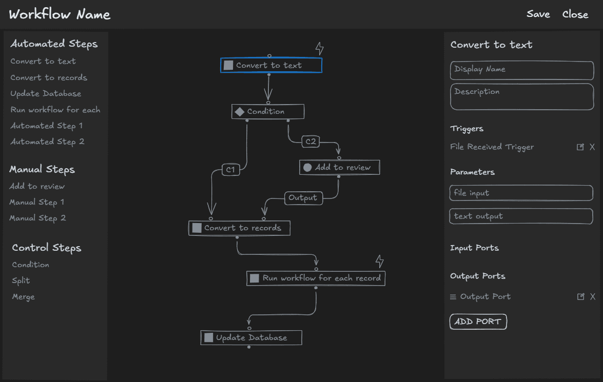 Low-fidelity workflow wireframe showing the ‘Convert to text’ step selected, with configuration panel on the right for details, triggers, parameters, and ports