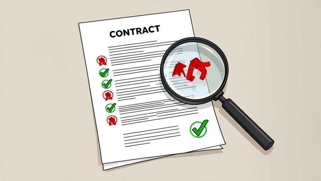 A magnifying glass examines a contract document, revealing hidden red flags and approved items.