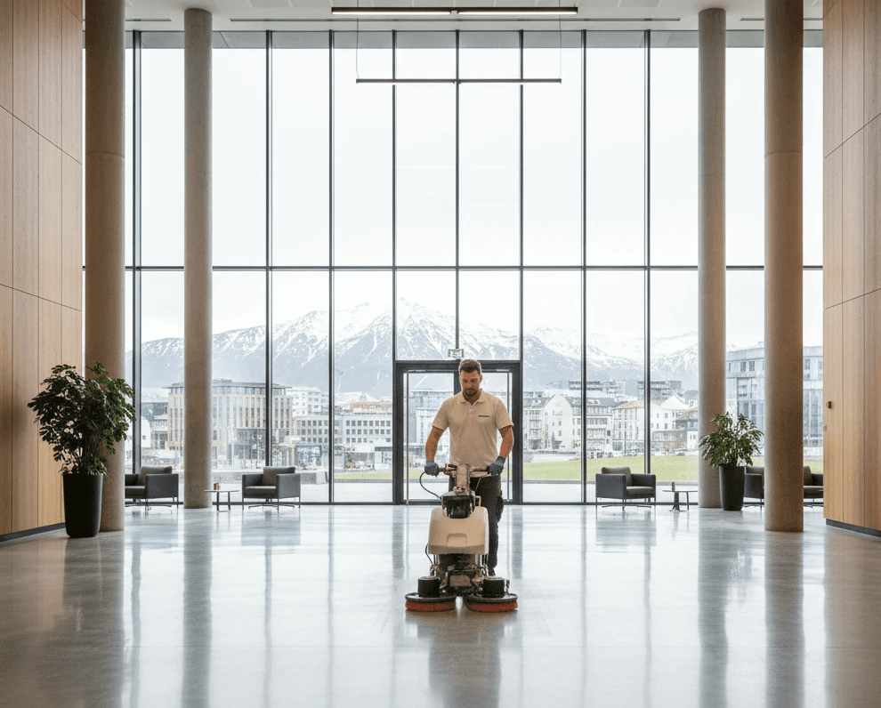 Iðnaðarþrif á gólfum með gólfþvottavél.