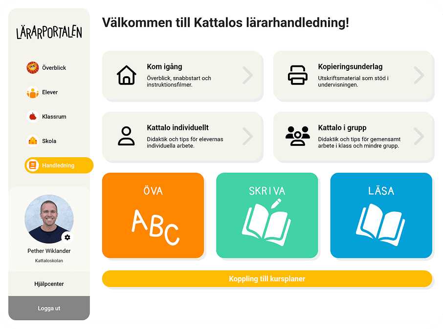 Startsidan för Kattalos lärarhandledning i Lärarportalen, med ingångar till Kom igång, Kopieringsunderlag, Kattalo individuellt och Kattalo i grupp samt ÖVA, SKRIVA och LÄSA