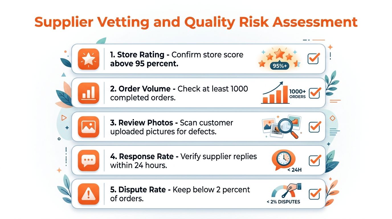 A five-step infographic showing criteria for supplier vetting and quality risk assessment for ecommerce businesses.