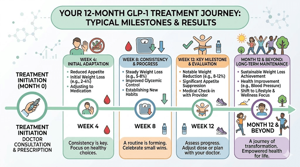 Typical GLP-1 weight loss treatment timeline showing expected results at key milestones