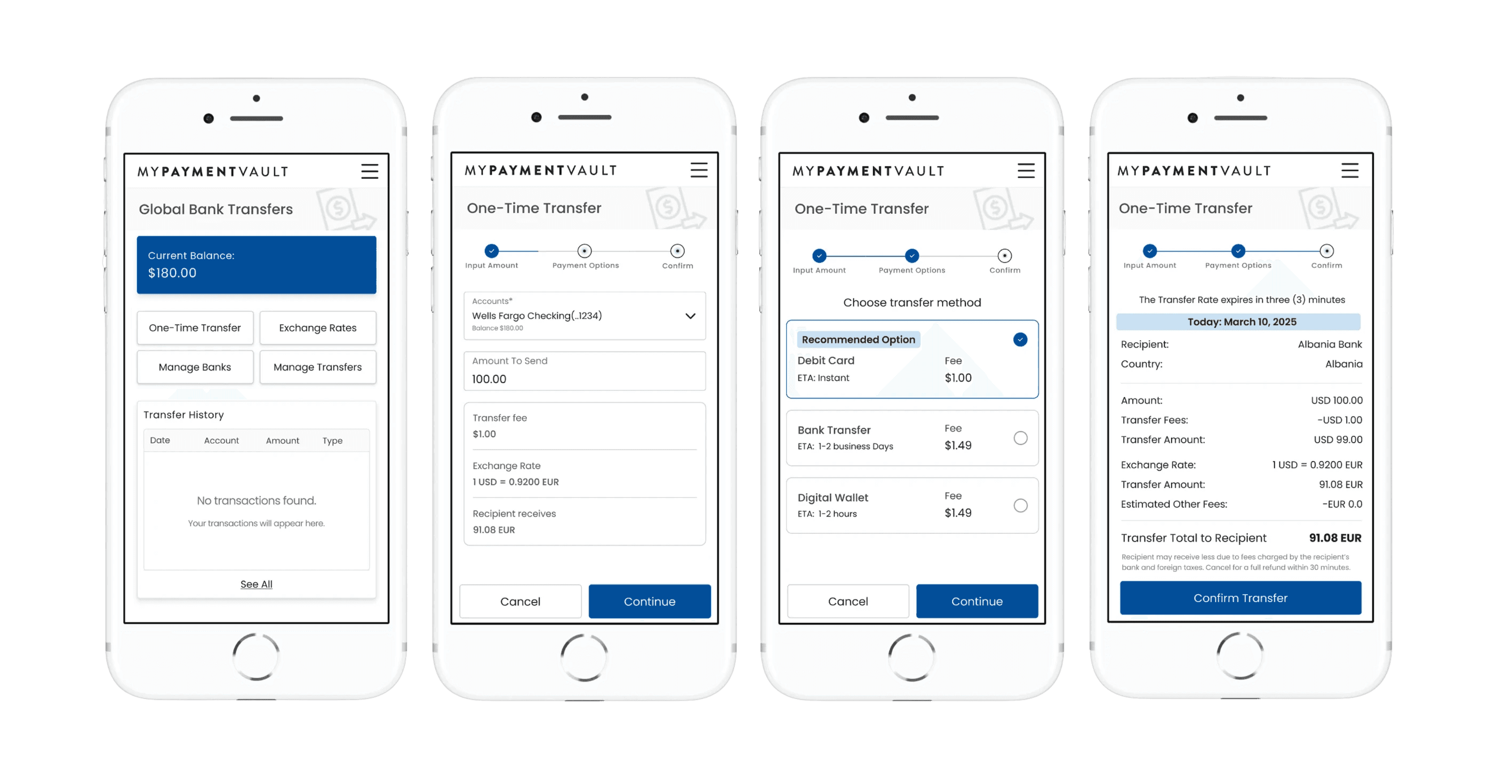 My Payment Vault App One time transfer flow showing on 4 seperate screens