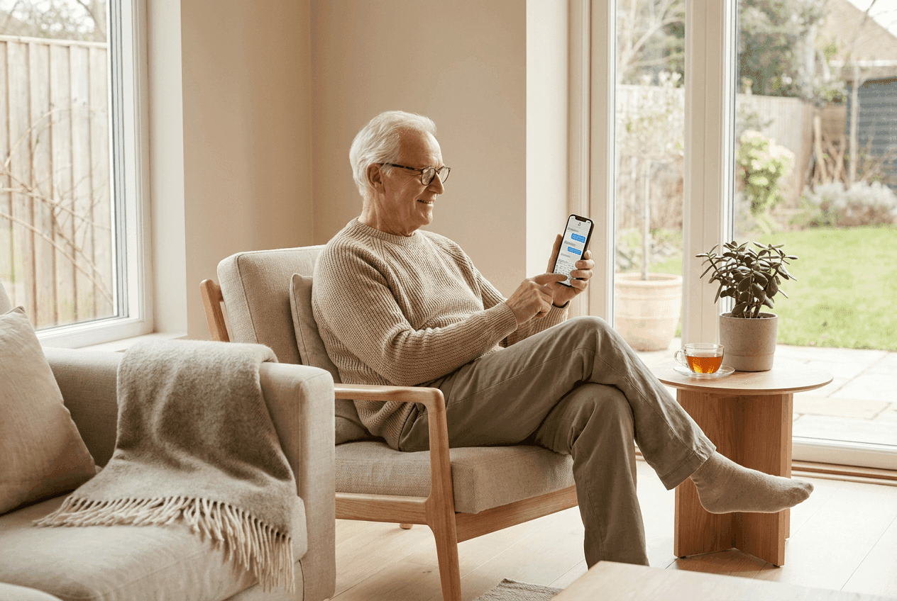 Elderly man looking at a cell phone, texting his provider