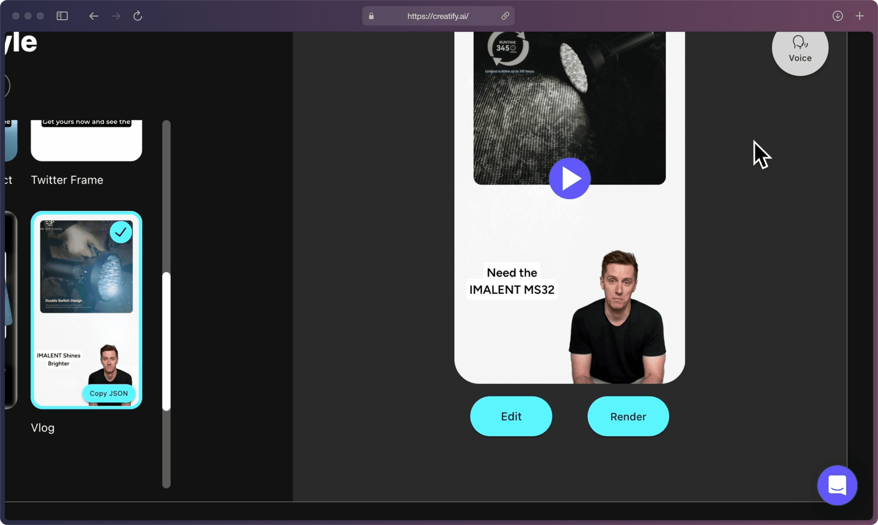 A screenshot of Creatify AI app on the “Select visual style” page with “Edit” and “Render” buttons, showing partially the preview of the video.