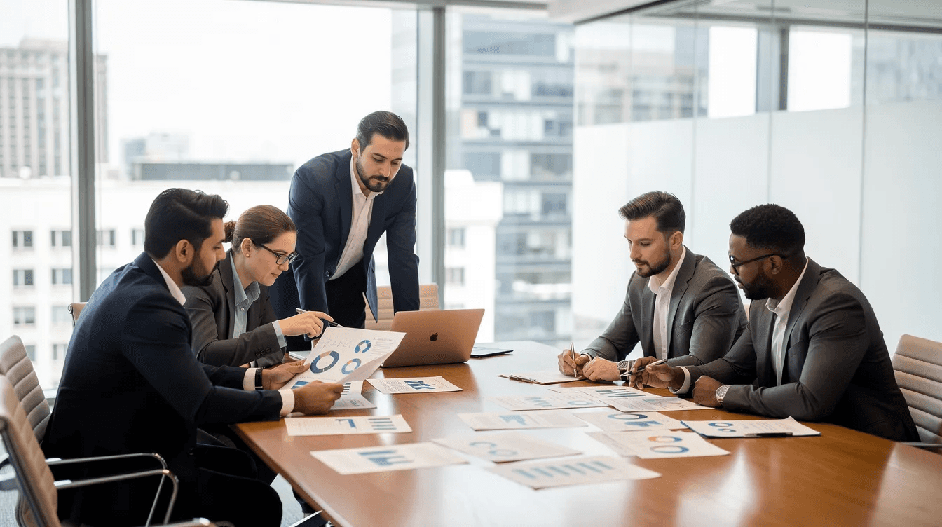 A diverse team of professionals is gathered around a sleek table in a bright, modern meeting room, collaborating on documents related to web design and development. This scene showcases the dynamic environment of a leading web design agency in Dubai, emphasizing teamwork and innovative digital solutions.