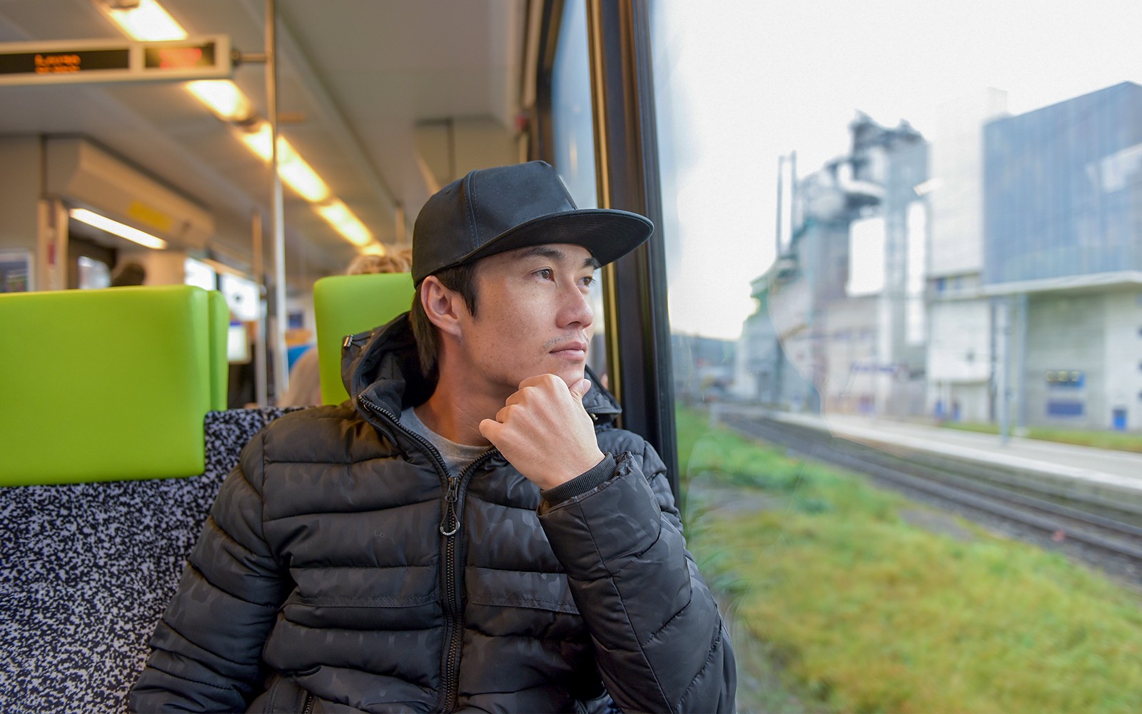 Passenger on train from Zurich Airport to Zurich Central.